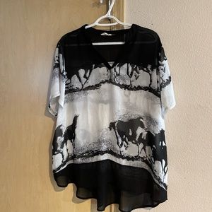 Women 3XL Sheer Blouse Gorgeous Wild mustangs Spring Summer Top